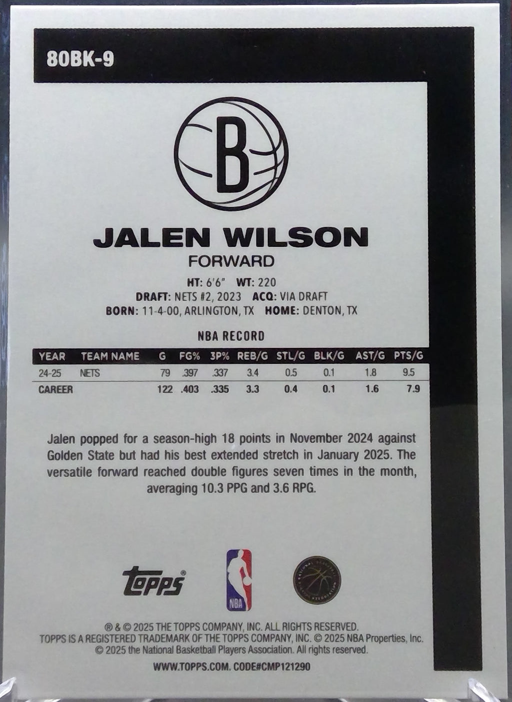 Jalen Wilson #80BK-9