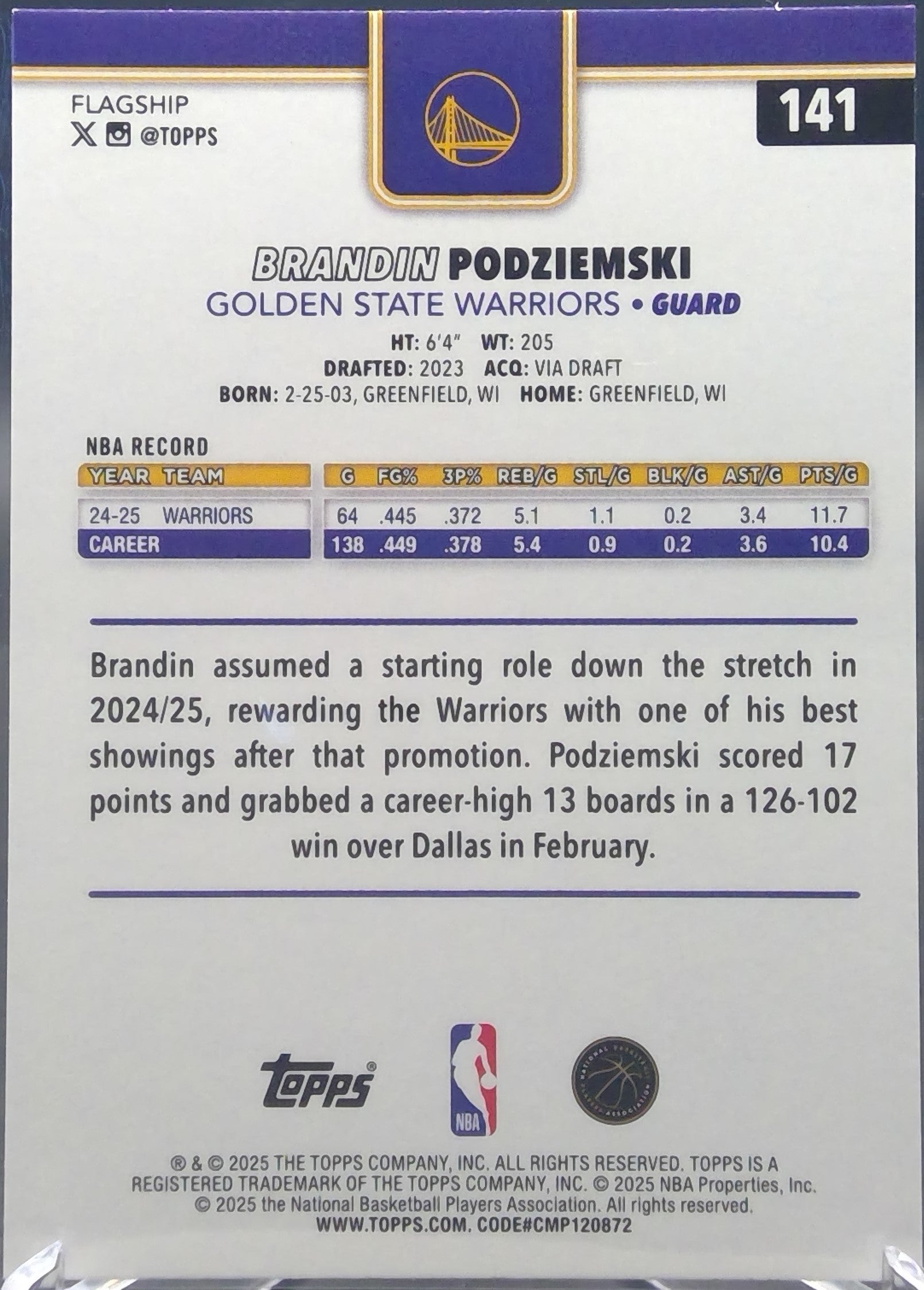 Brandin Podziemski #141